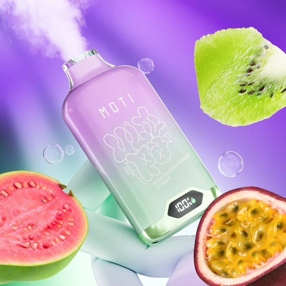 A colorful vape device with a gradient design, labeled "MOTI," surrounded by cut fruits including guava, kiwi, and passionfruit, with smoke billowing from the top and bubbles floating in a purple background.
