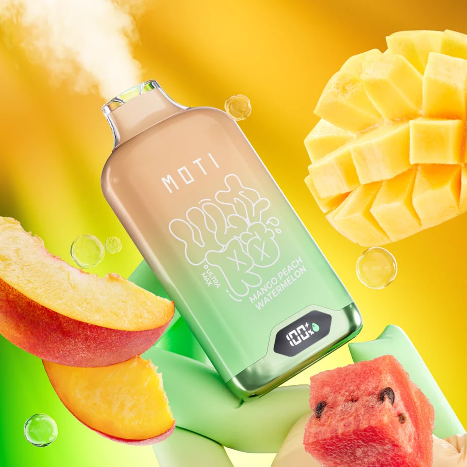 A colorful vape device labeled "MOTI" with a mango, peach, and watermelon theme, surrounded by fresh fruit slices and steam against a vibrant yellow-green background.