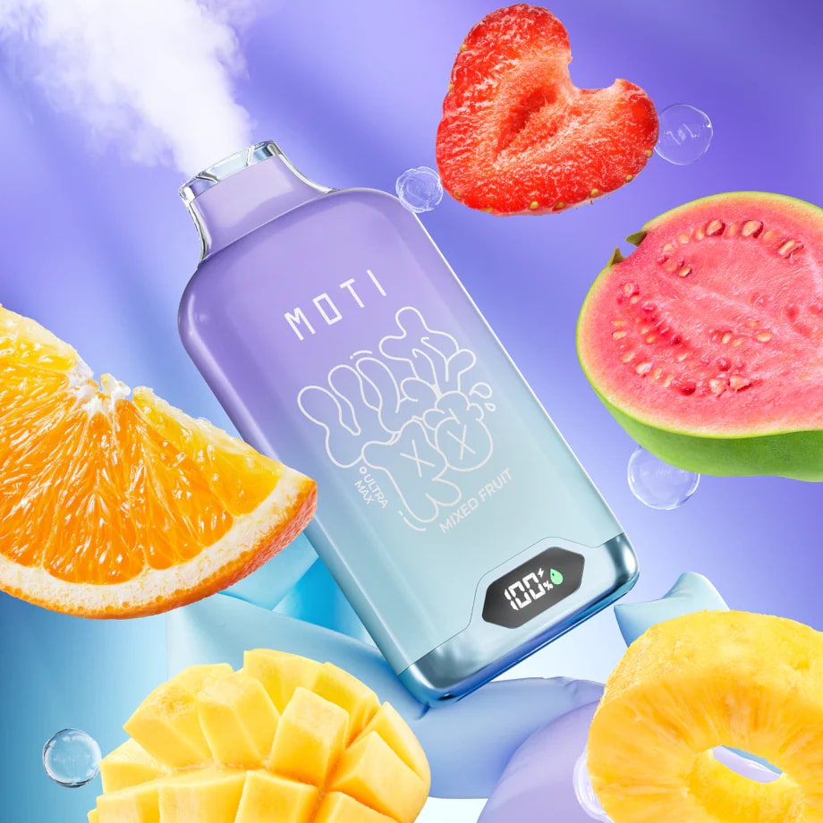 A mixed fruit-flavored vape device labeled "MOTI" with a digital display showing 100%, surrounded by slices of orange, pineapple, mango, guava, and a strawberry.