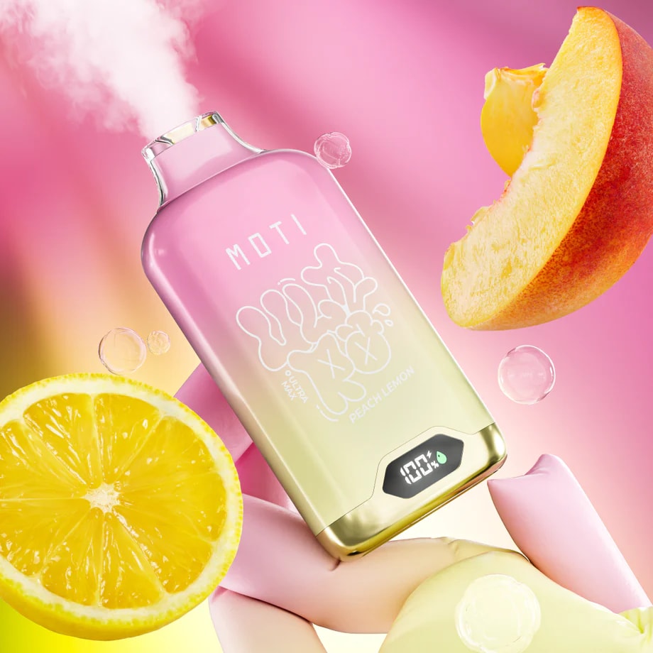 A pink and yellow vape device labeled "MOTI" with "Peach Lemon" flavor, emitting vapor, surrounded by a sliced lemon and a peach against a vibrant pink and yellow gradient background.