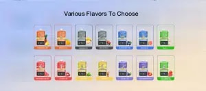 Various flavored vape devices including Pineapple Ice, Mango Ice, Banana Ice, Mixed Fruit, Blueberry Ice, Guava Ice, Yakult, Watermelon Ice, Lychee Ice, Mint Ice, Cola Ice, Grape Ice, Strawberry Ice, and Strawberry Watermelon, displayed in colorful boxes.
