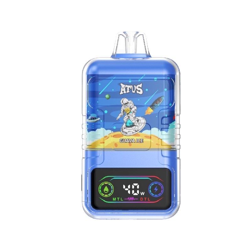 A blue vape device with a digital screen displaying "40W" and "MTL" and "DTL" modes, featuring space-themed artwork of an astronaut on a hoverboard labeled "GUAVA ICE."