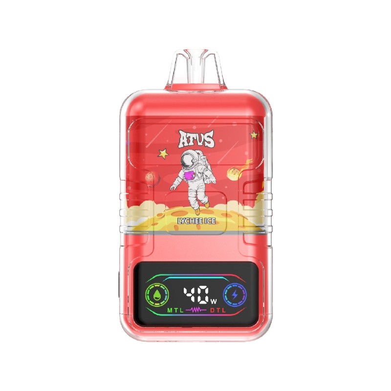 A red vape device with a cartoon astronaut design, labeled "Lychee Ice" and showing a digital display of "40W" with MTL and DTL indicators.