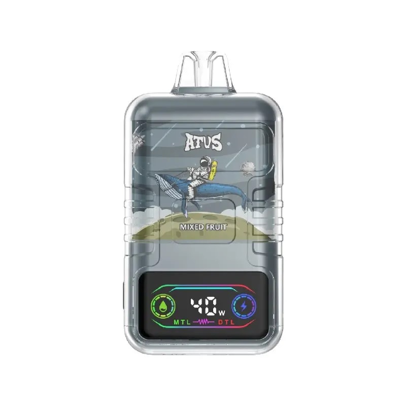 A vape device labeled "ATUS" with a mixed fruit flavor, featuring an astronaut riding a blue whale illustration and a digital display showing "40 W".