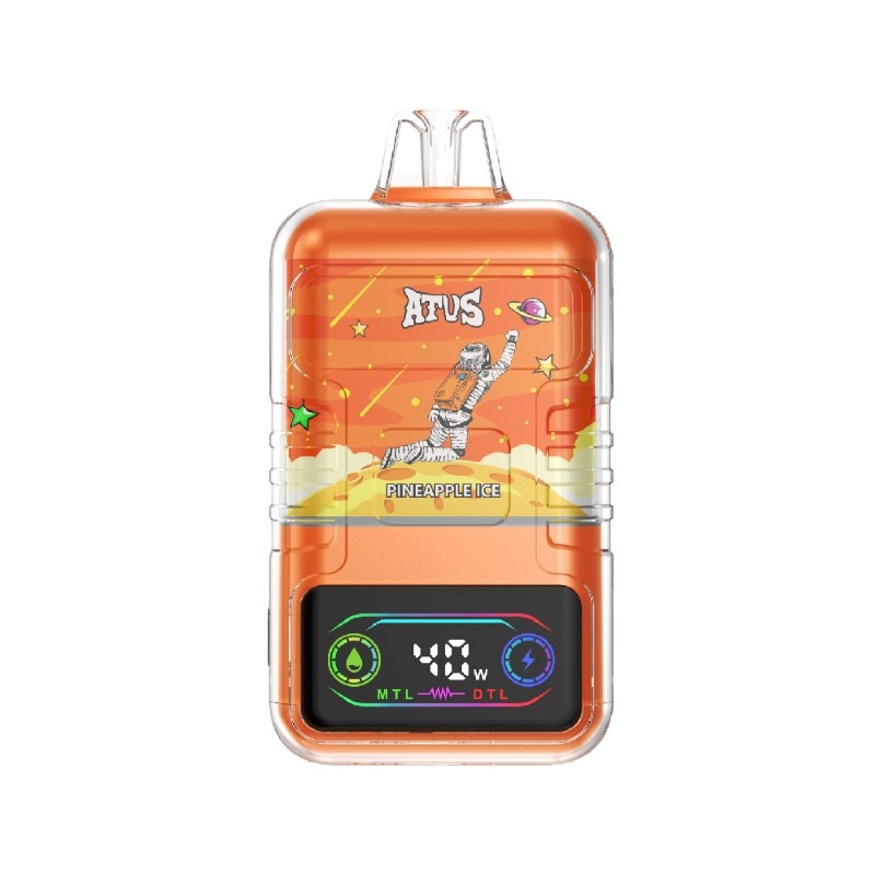 An orange electronic vaping device labeled "ATUS" with a pineapple ice flavor, astronaut illustration, and digital screen displaying "40W" power settings.