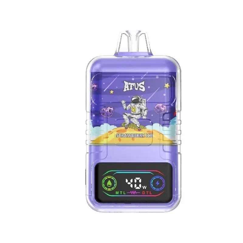 ATVS Strawberry Ice disposable vape with a purple design, astronaut illustration, digital display showing 40W power, and MTL/DTL indicators.