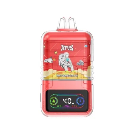 Rotes elektronisches Verdampfergerät mit einer Digitalanzeige mit „40 W“, einem „Watermelon Ice“-Etikett und einer Astronautenillustration auf der Vorderseite.