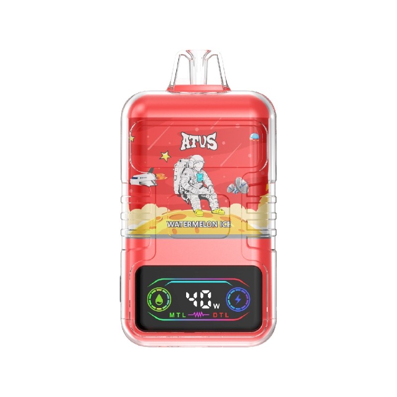 Red electronic vape device with a digital display showing "40W", a "Watermelon Ice" label, and an astronaut illustration on the front.