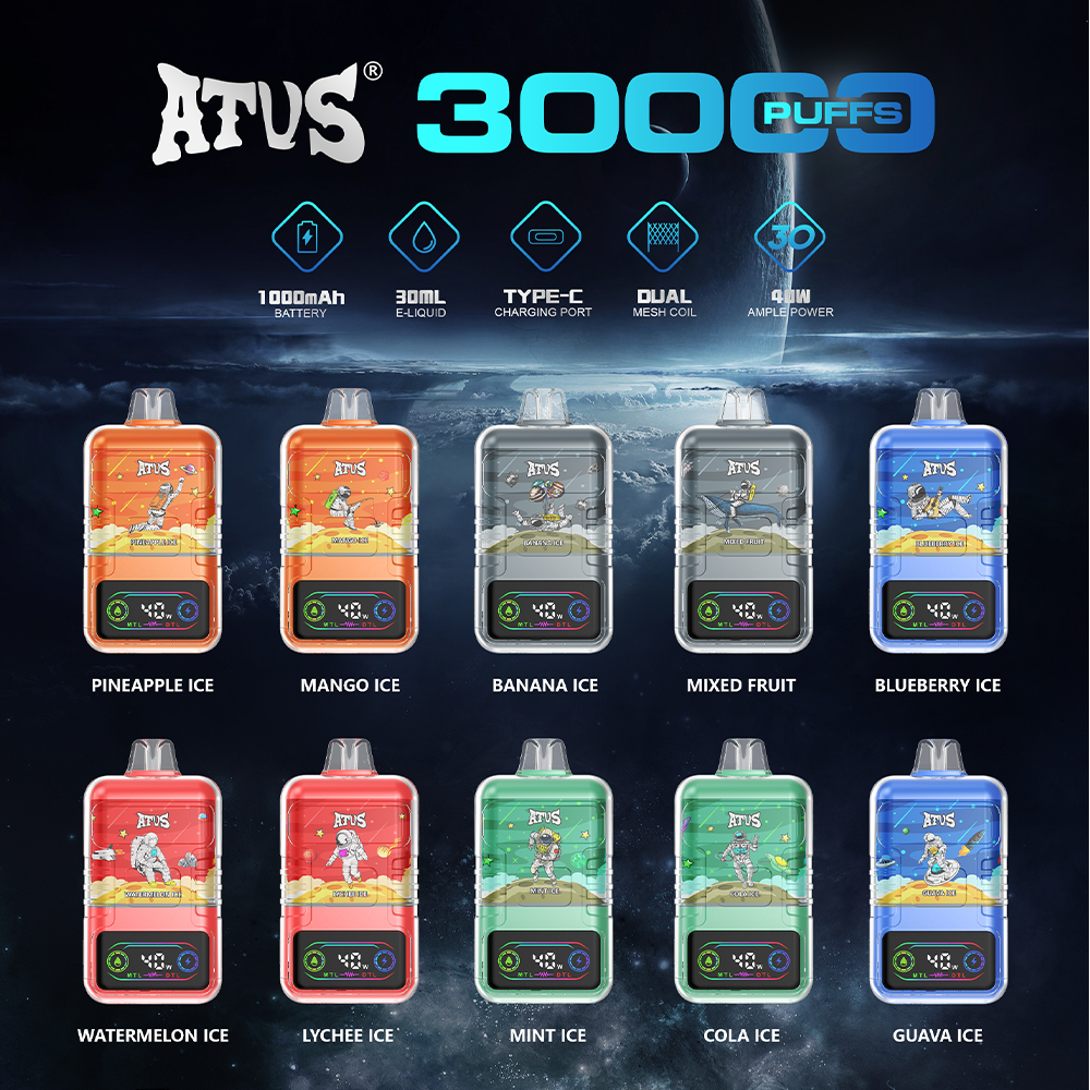 A selection of colorful ATUS vape devices labeled with flavors including Pineapple Ice, Mango Ice, Banana Ice, Mixed Fruit, Blueberry Ice, Watermelon Ice, Lychee Ice, Mint Ice, Cola Ice, and Guava Ice, featuring "3000 PUFFS" branding and product specifications.