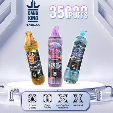 Trois appareils de vapotage colorés étiquetés « Bang King Tornado », présentant des saveurs : Peach Ice, Love 66 et Blueberry Ice, avec des fonctionnalités telles que l'affichage du liquide électronique, l'affichage de la puissance, la protection anti-brûlure à sec et la bobine en maille.