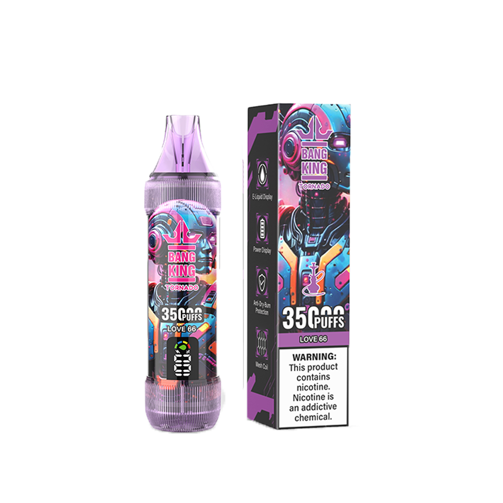Bang King Tornado vape device and packaging, labeled "35000 PUFFS" and "LOVE 66" with a nicotine addiction warning.