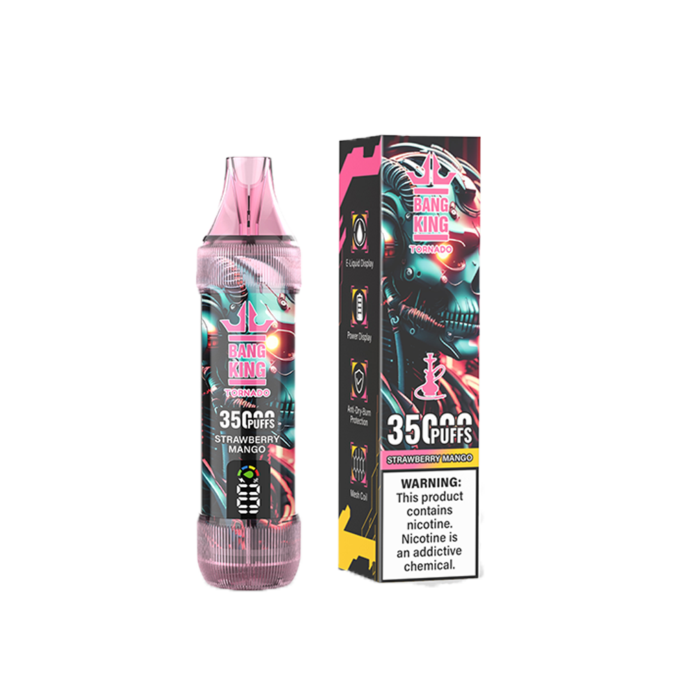 A disposable vape device and packaging labeled "Bang King Tornado," featuring 35,000 puffs and a strawberry mango flavor with a warning about nicotine addiction.