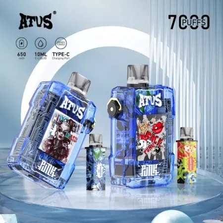 Una colección de dispositivos electrónicos de vapeo coloridos y transparentes denominados "ATUS" con diseños futuristas, con batería de 650 mAh, e-líquido de 10 ml y puerto de carga tipo C.