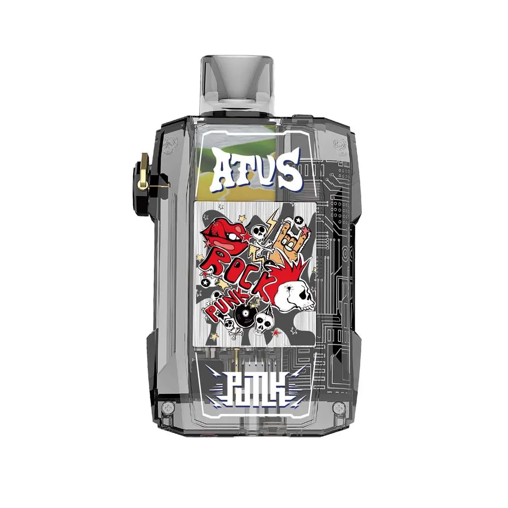 Un dispositivo electrónico transparente con un diseño de temática punk rock, con calaveras, llamas y texto estilo graffiti.