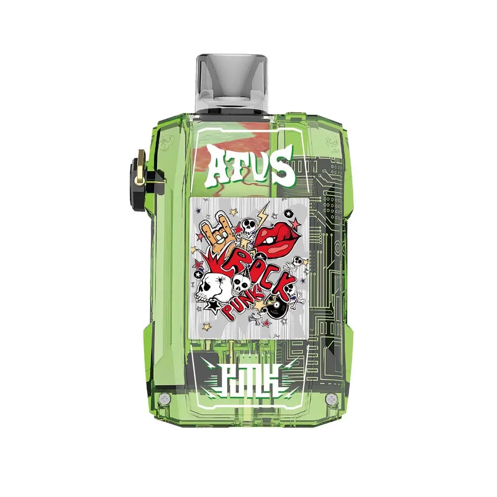 Un dispositivo de vapeo verde que presenta un diseño con gráficos de temática rockera, que incluye calaveras, un estampado de labios rojos y las palabras "ROCK PUNK".
