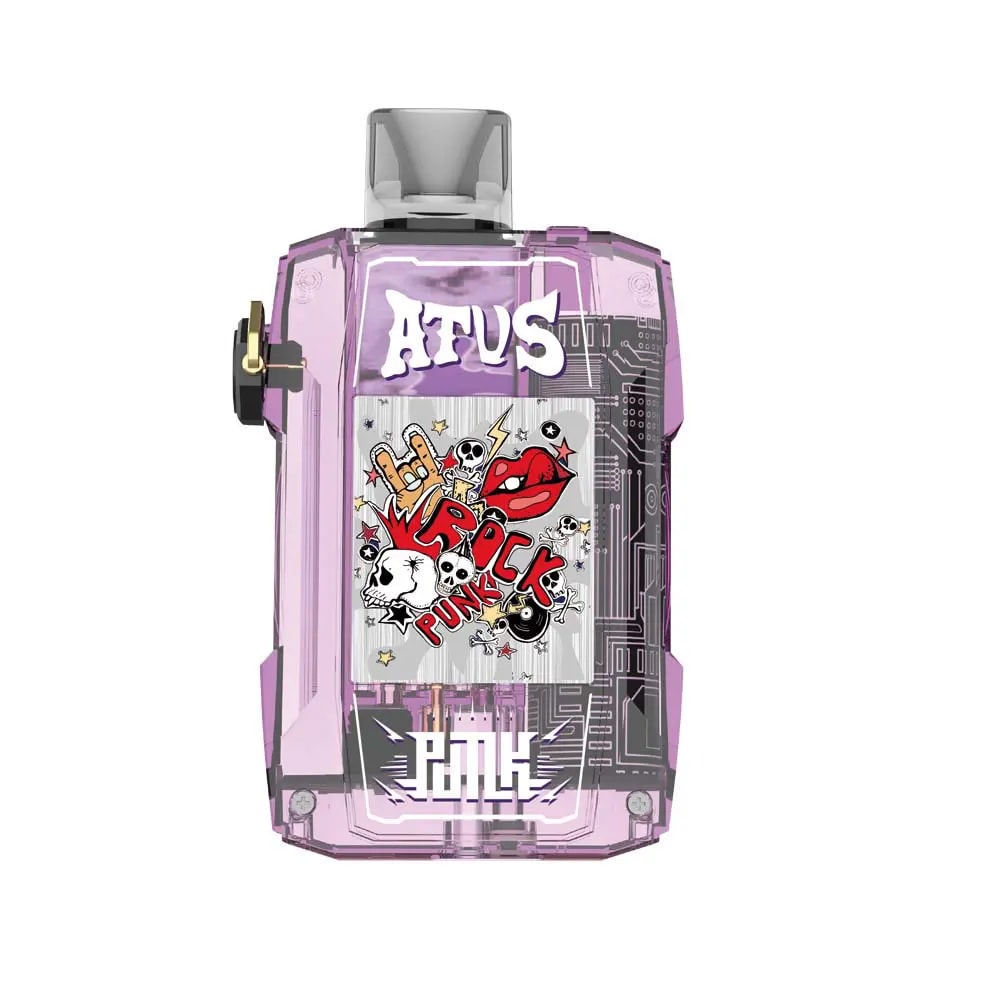 Un dispositivo de vapeo morado con cuerpo transparente, texto "ATUS" estilo graffiti y un colorido diseño "ROCK PUNK" con calaveras, estrellas y labios rojos.