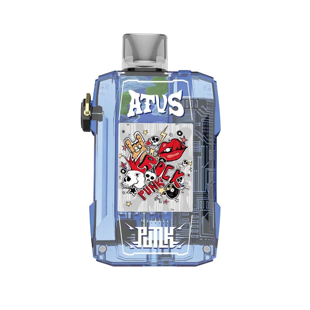 Un dispositivo de vapeo azul transparente con un diseño de placa de circuito, gráficos estilo graffiti que incluyen calaveras, rayos, labios rojos y texto que dice "ROCK PUNK".