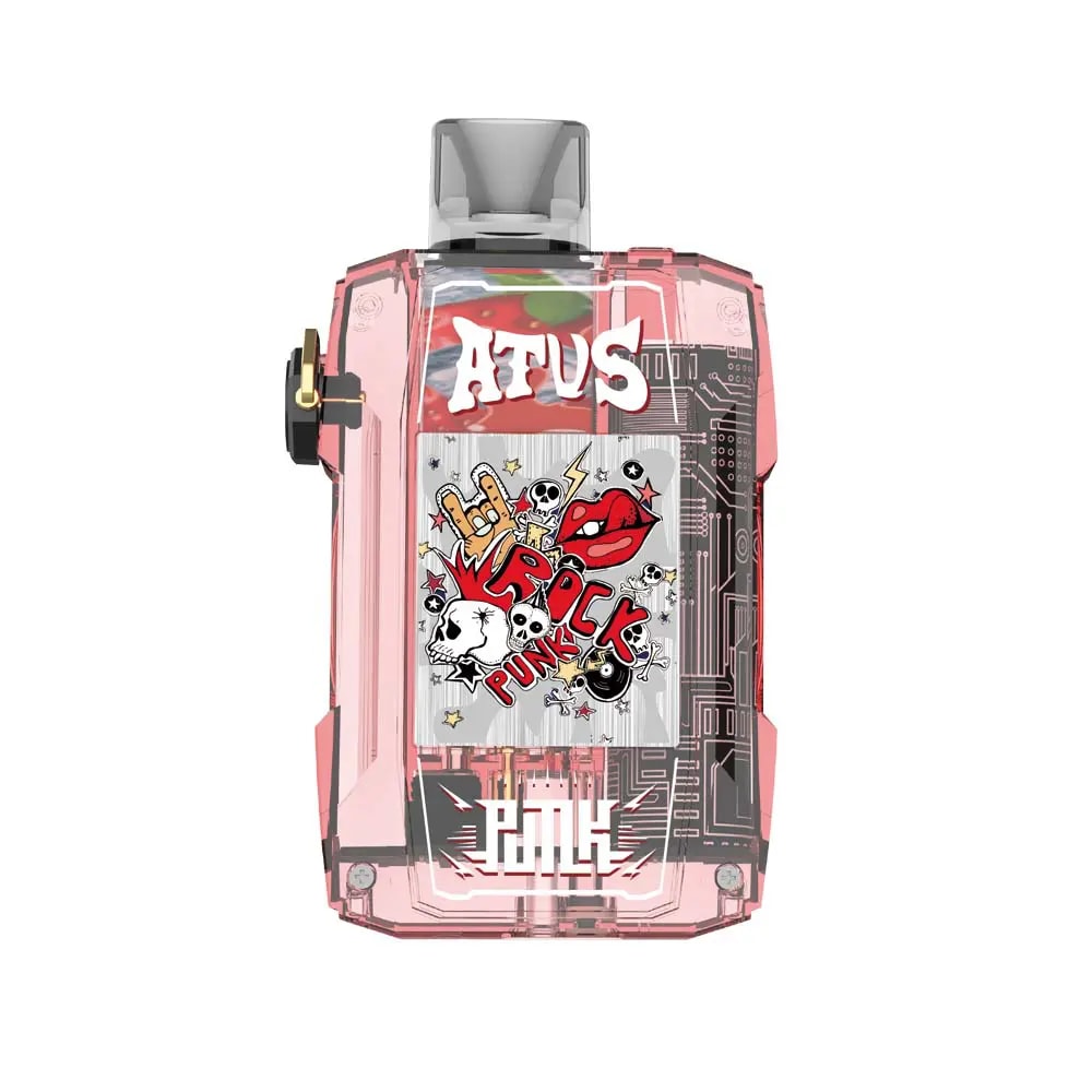 Un dispositivo de vapeo electrónico transparente de color rosa con la marca "ATUS" y un diseño de grafiti con temática punk rock que incluye calaveras, rayos y labios.