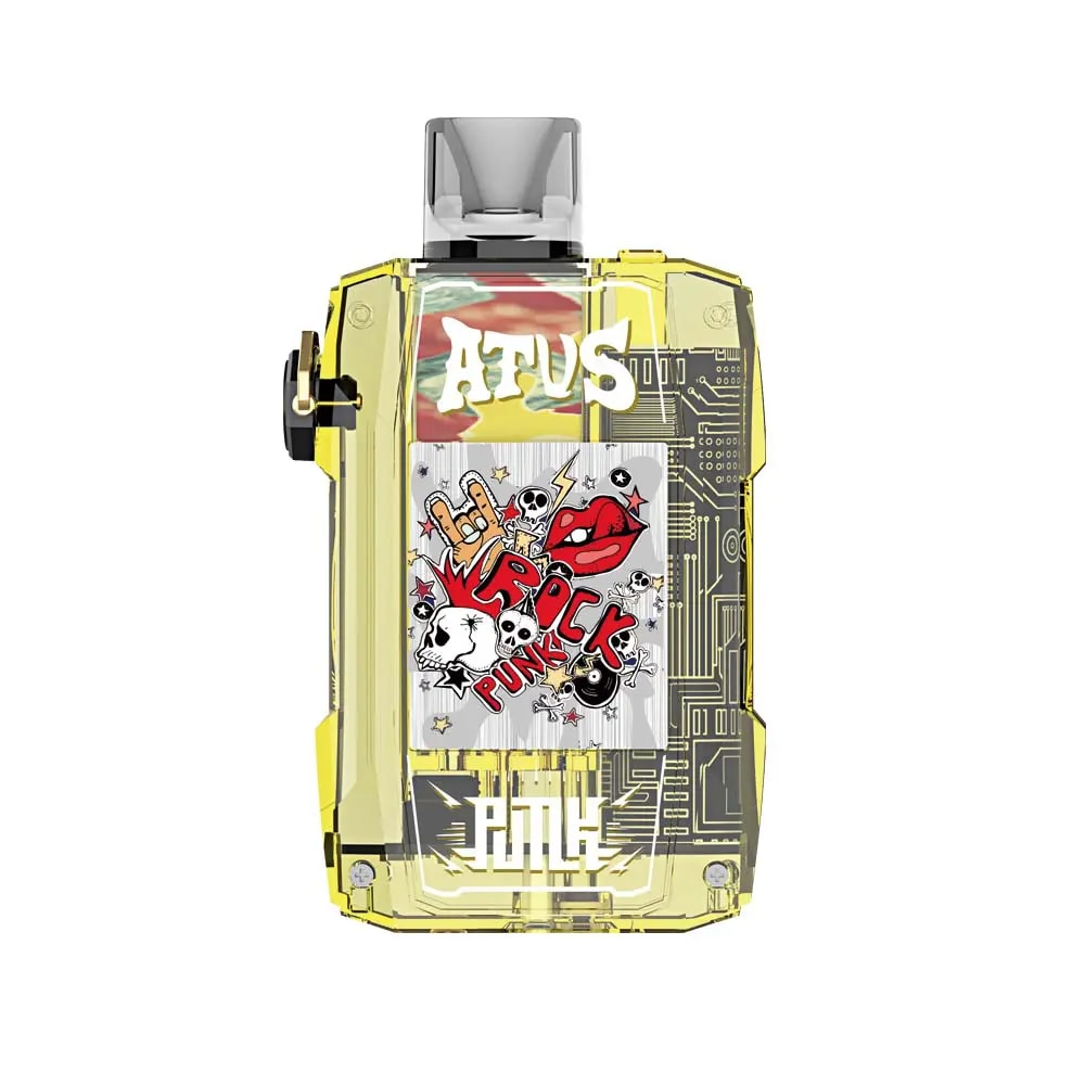 Un dispositivo de vapeo electrónico amarillo transparente con un diseño de temática punk rock, con labios rojos, calaveras y las palabras "ROCK PUNK" en su cuerpo.