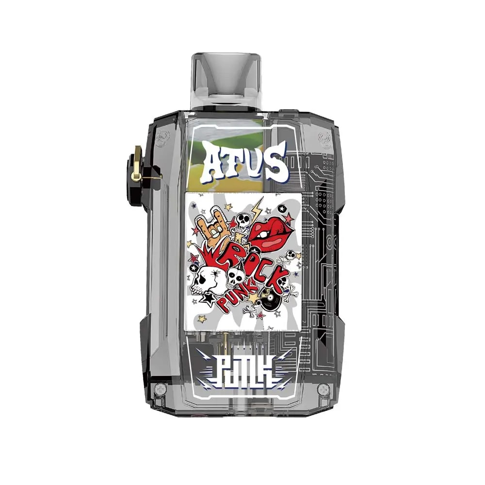 Un dispositivo electrónico transparente con un colorido diseño de graffiti estilo "Rock Punk" con calaveras, una lengua roja y la palabra "ATUS" en la parte superior.