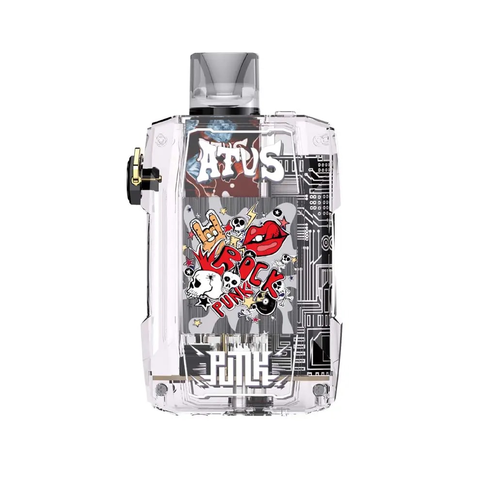 Un dispositivo electrónico transparente con un diseño de placa de circuito, texto estilo graffiti, ilustraciones de calaveras y gráficos con temática punk rock.
