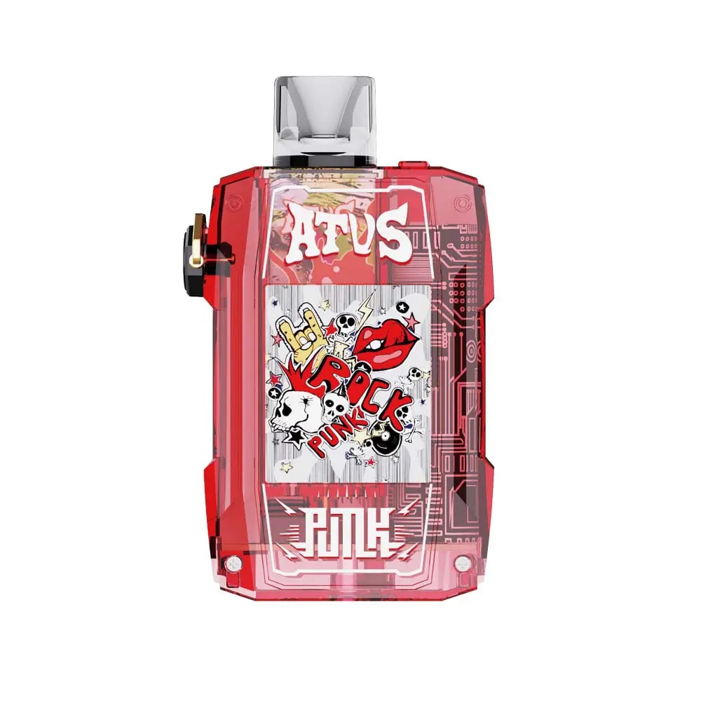 Un dispositivo de vapeo rojo estilizado que presenta un diseño gráfico con calaveras, labios y el texto "ROCK PUNK" en un lugar destacado.