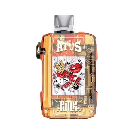 Un dispositivo de vapeo naranja transparente con texto y gráficos llamativos estilo grafiti, que incluyen "ROCK PUNK", calaveras, rayos y labios rojos.