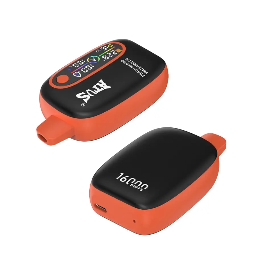 デジタルディスプレイとUSB充電ポートを備えた「16,000 Puffs」というラベルの付いた2つのオレンジと黒の使い捨て蒸気装置。