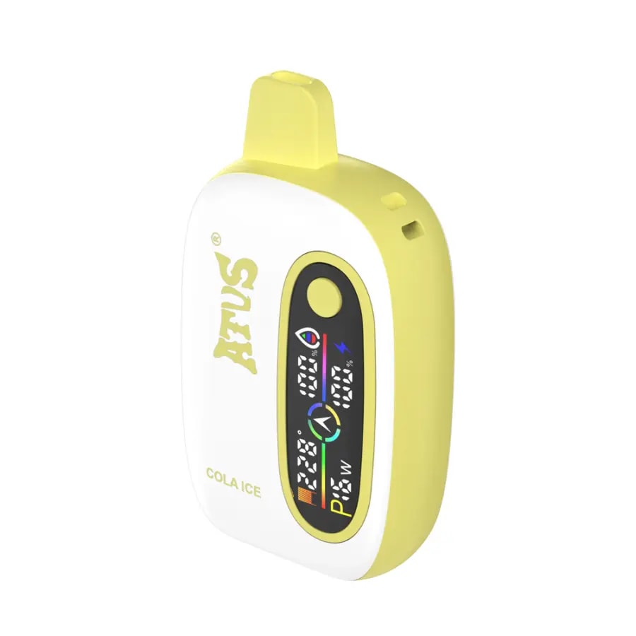 表面にデジタルディスプレイとテキスト「Atus」と「Cola Ice」を備えた黄色と白のハンドヘルド電子デバイス。