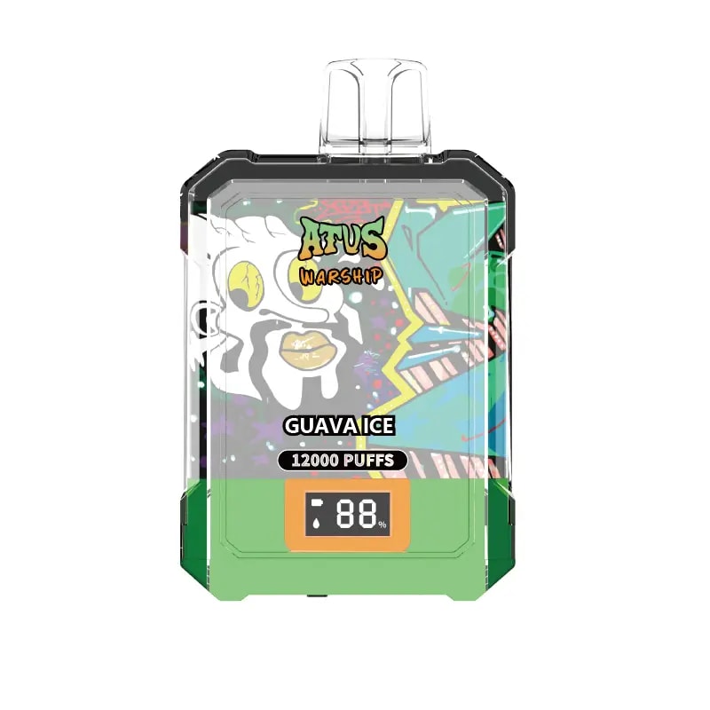 Un vaporizador desechable colorido etiquetado como "ATVS Warship" con sabor a "Guava Ice", con un diseño de dibujos animados y una pantalla digital que muestra 88%.