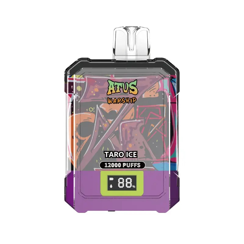 Dispositivo de vapeo desechable con diseño estilo graffiti, etiquetado "ATVS Warship", sabor "Taro Ice", 12.000 bocanadas y una pantalla de batería que muestra 88%.