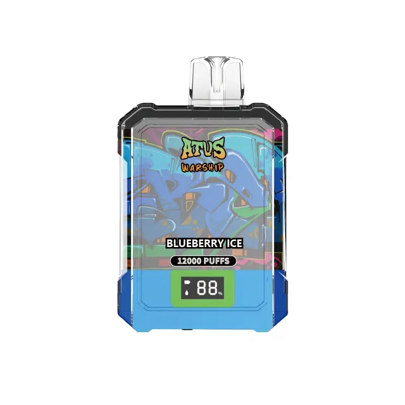 Un dispositivo de vapeo desechable etiquetado como "ATVS Warship" con un diseño colorido similar a un grafiti, con el sabor "Blueberry Ice" y un recuento de bocanadas de "12000 bocanadas", junto con un indicador de porcentaje de batería que muestra 88%.