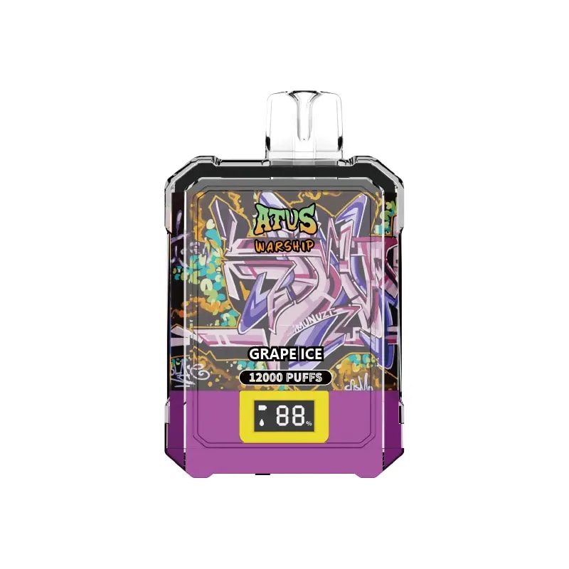 Un dispositivo de vapeo con un diseño de graffiti colorido, etiquetado "GRAPE ICE" y que presenta el texto "12000 PUFFS", junto con una pantalla digital que muestra "88".