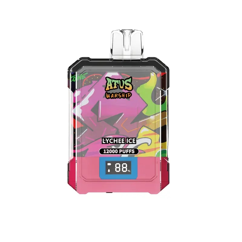 Un dispositivo de vapeo colorido con ilustraciones estilo graffiti, etiquetado "ATVS WARSHIP" y "LYCHEE ICE", que cuenta con una pantalla digital que muestra "88%" e indica una capacidad para "12000 PUFFS".