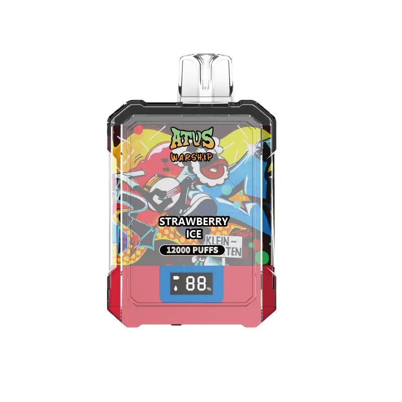 Un dispositivo de vapeo colorido etiquetado como "ATVS Warship" con sabor a helado de fresa, capacidad de 12000 bocanadas y una pantalla de porcentaje de batería digital que muestra 88%.