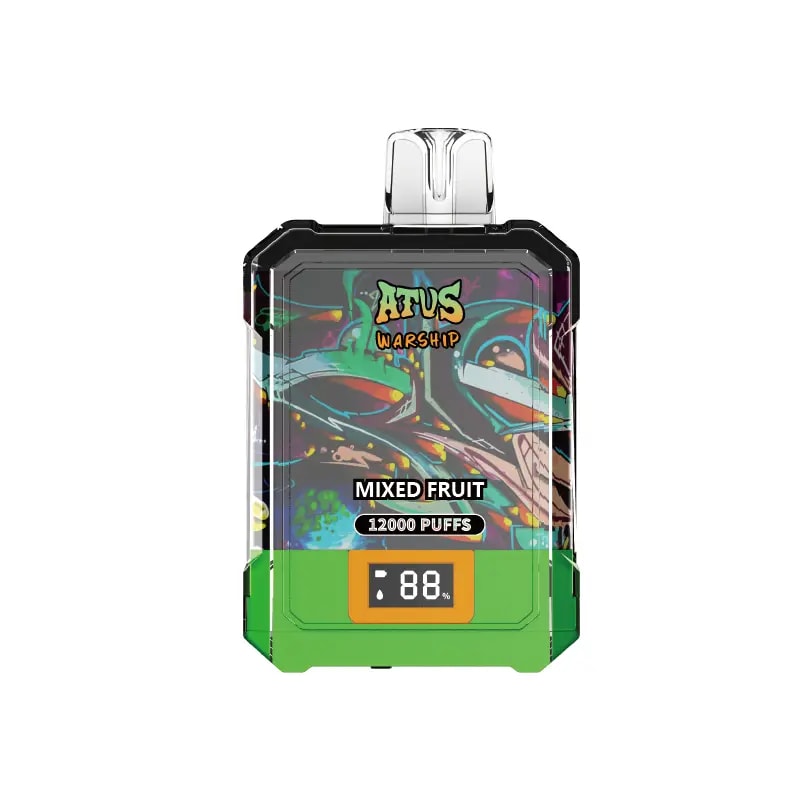 Un dispositivo de vapeo colorido con sabor a "frutas mixtas", etiquetado con "12000 bocanadas" y una pantalla digital que muestra el porcentaje de batería en 88%. El diseño incluye gráficos abstractos y vibrantes.