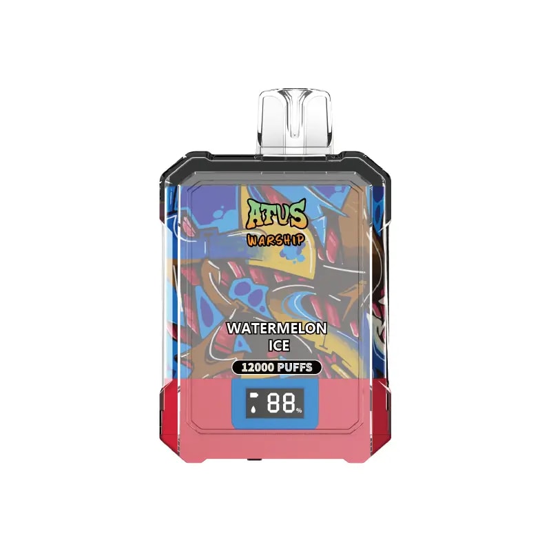 Un dispositivo de vapeo desechable colorido etiquetado como "ATVS Warship" con sabor a "Watermelon Ice", 12.000 bocanadas y una pantalla de batería digital que muestra 88%.