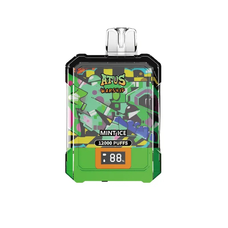 Dispositivo de vapeo desechable colorido etiquetado como "ATVS Warship" con un diseño estilo graffiti, que muestra el sabor "Mint Ice", "12,000 PUFFS" y una pantalla de batería digital en 88%.