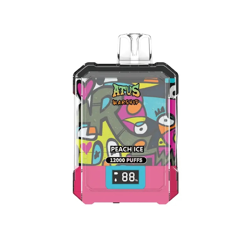 Un dispositivo de vapeo desechable colorido etiquetado como "ATVS Warship" con sabor a "Peach Ice", 12 000 bocanadas y una pantalla de batería digital que muestra 88%.