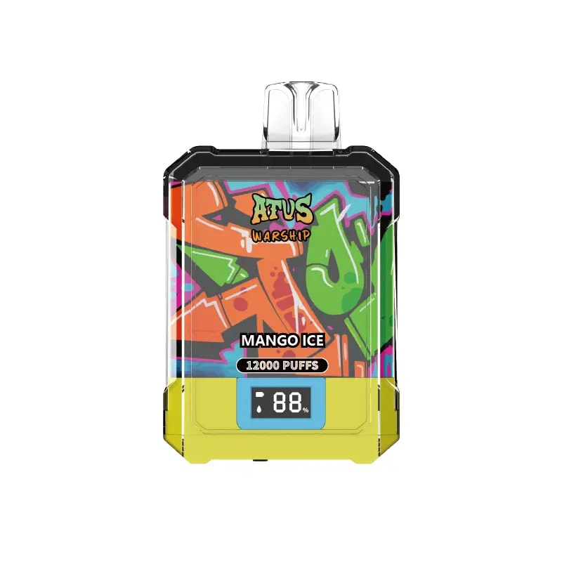 Un dispositivo de vapeo desechable colorido etiquetado como "ATVS Warship" con sabor "Mango Ice", 12.000 bocanadas y una pantalla de batería digital que muestra 88%.