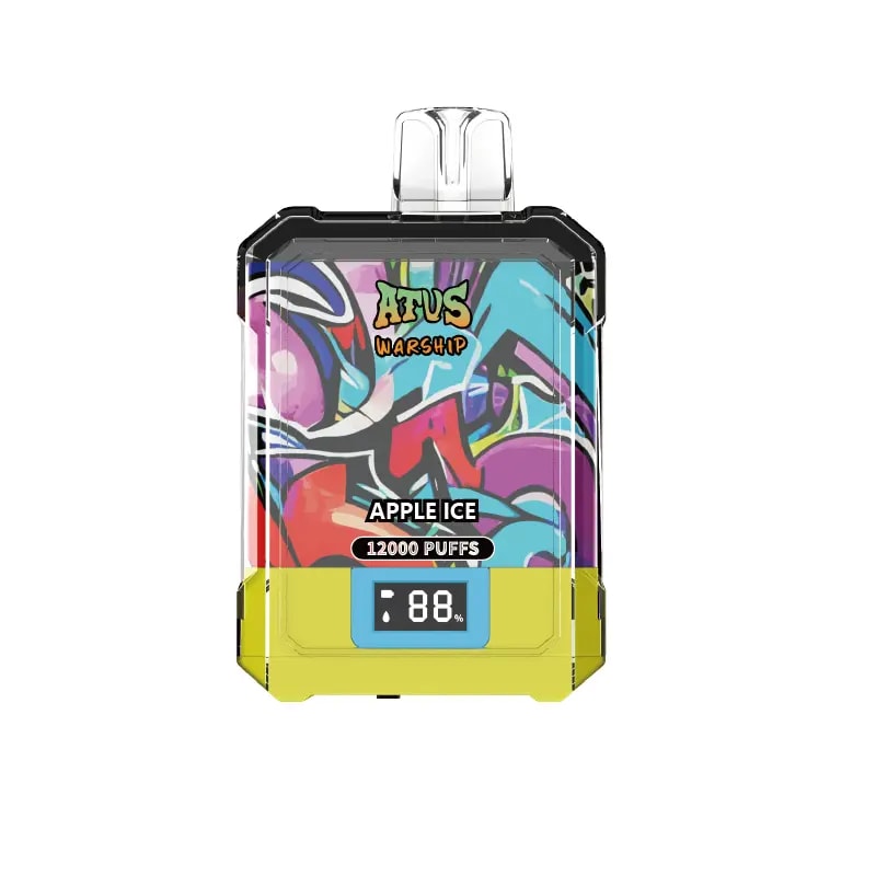 Un dispositivo de vapeo colorido con ilustraciones estilo graffiti, etiquetado "ATVS Warship", con sabor "Apple Ice" y "12000 Puffs", con una pantalla digital que muestra "88%".