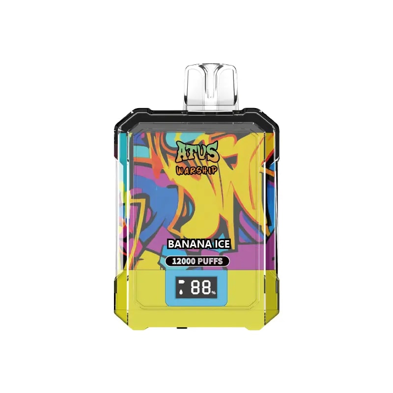 Un dispositivo de vapeo colorido con diseño estilo graffiti, etiquetado "ATVS Warship", "Banana Ice", "12000 bocanadas" y una pantalla digital que muestra "88%".