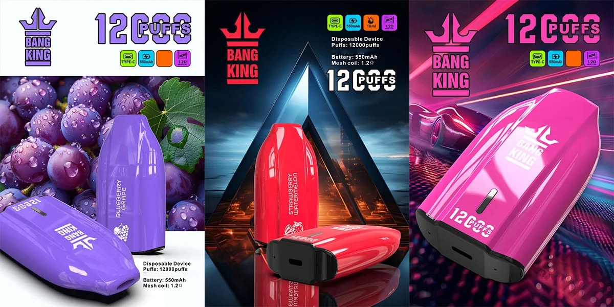 A collage featuring three disposable vape devices from the brand Bang King. The left device is purple with "Blueberry" flavor and surrounded by grapes. The center device is red, labeled "Strawberry Watermelon," set against a futuristic background. The right device is pink with a sleek design, accented with dynamic visuals. Each device is noted for providing 12,000 puffs, has a 550mAh battery, and features USB Type-C charging.