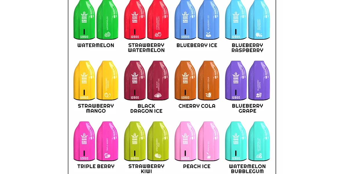 A grid of colorful vape devices featuring various flavors, including watermelon, strawberry watermelon, blueberry ice, blueberry raspberry, strawberry mango, black dragon ice, cherry cola, blueberry grape, triple berry, strawberry kiwi, peach ice, and watermelon bubblegum.