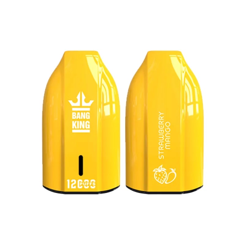 A yellow vape device labeled "BANG KING" on one side and "STRAWBERRY MANGO" on the other, featuring a puff count of 12.