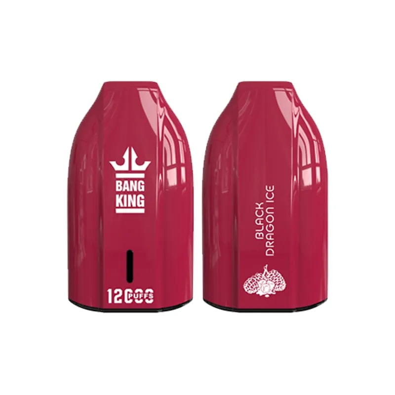 A red vape device with the text "BANG KING" and a crown logo on one side, and "BLACK DRAGON ICE" with a graphic on the other side.