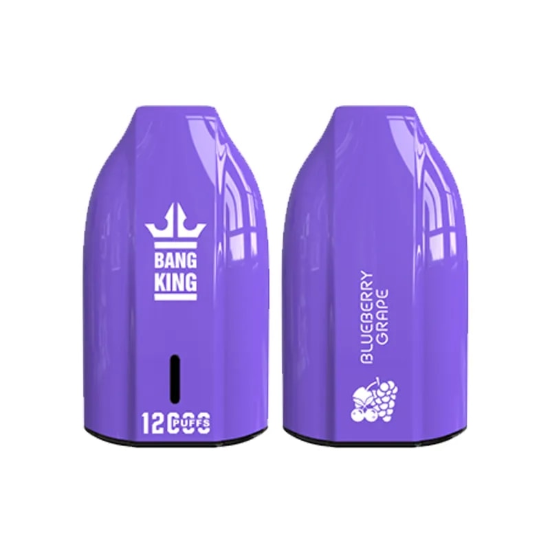 A purple vaping device labeled "BANG KING" with "BLUEBERRY GRAPE" flavor and indicating "12,000 PUFFS."