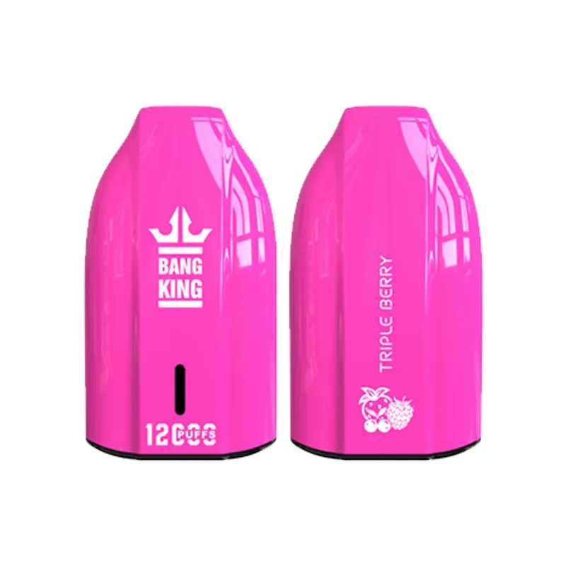 A pink disposable vape device with the text "BANG KING" on one side and "TRIPLE BERRY" on the other, featuring icons of berries and a count of "12,000 PUFFS" at the bottom.