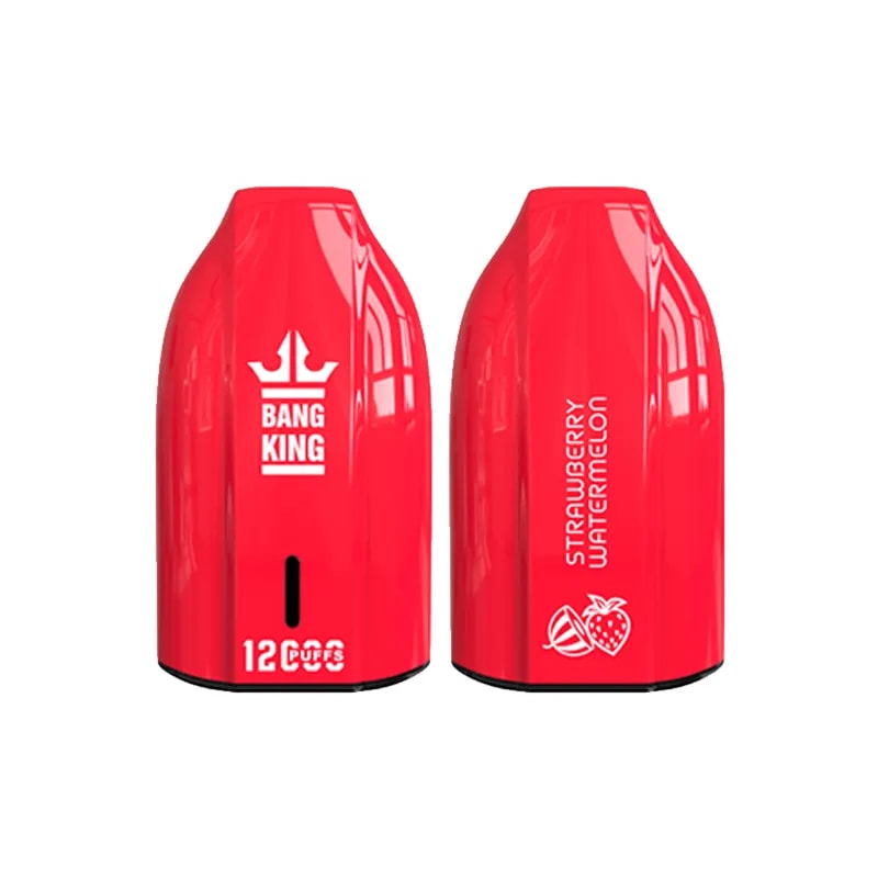 A red vape device with the text "BANG KING" and "STRAWBERRY WATERMELON" on its sides, indicating an e-liquid flavor, and a puff count of "12 PUFFS" visible on the front.