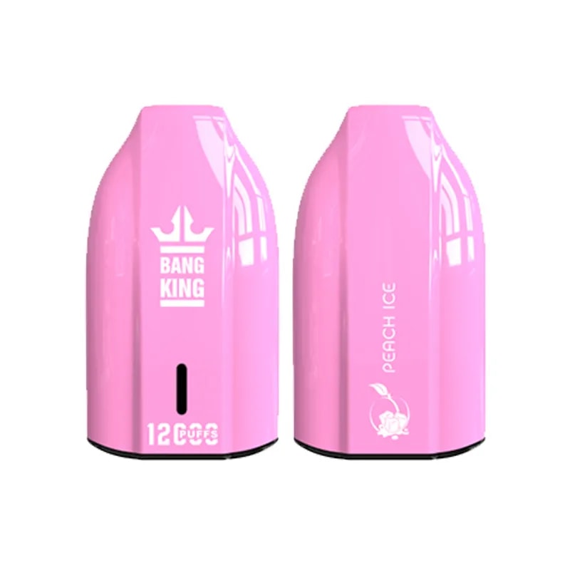 A pair of pink vape devices featuring the logos "BANG KING" and "PEACH ICE," designed with a smooth, glossy finish and labeled to indicate 12,000 puffs.